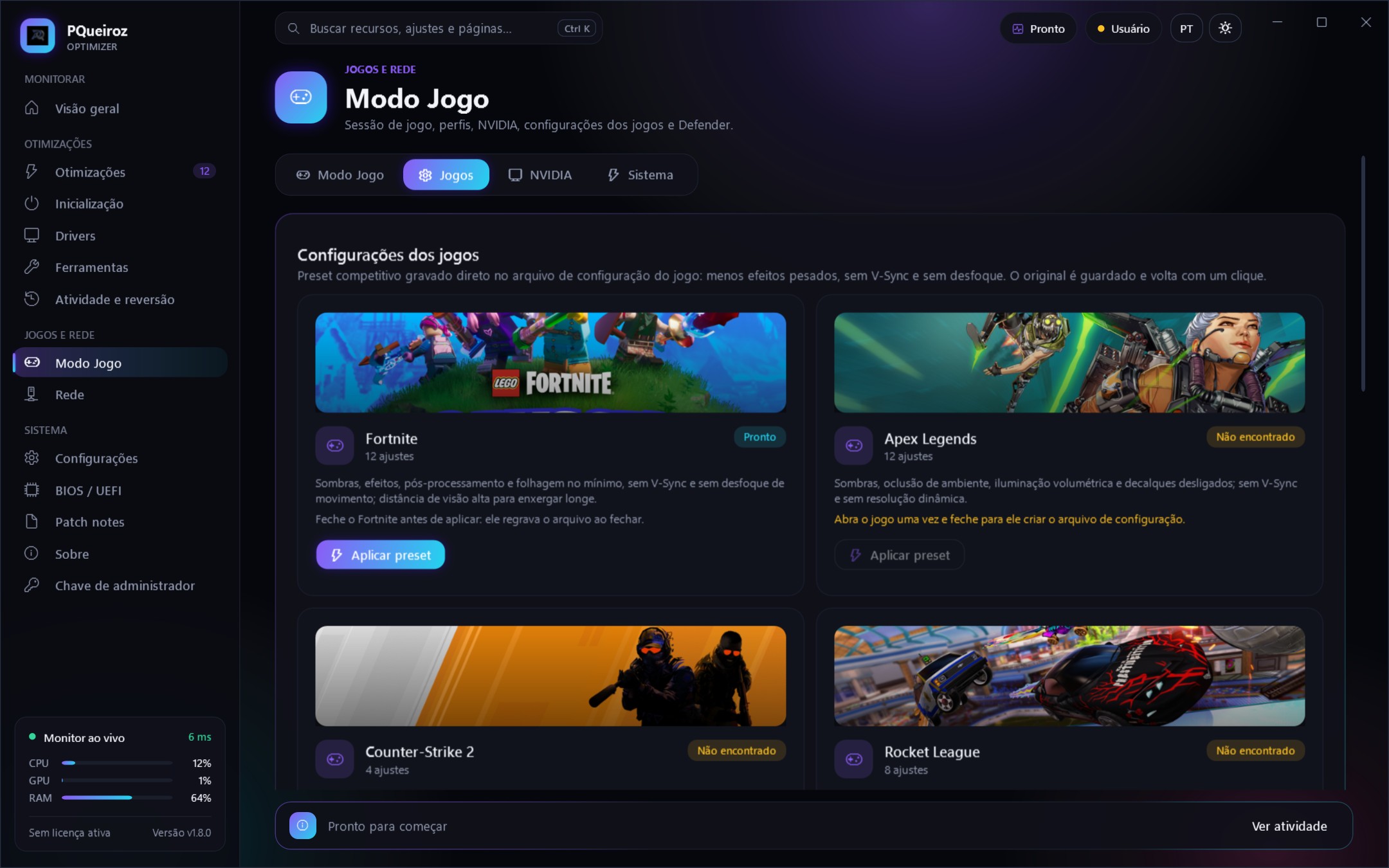 Presets competitivos para Fortnite, Apex Legends, Counter-Strike 2 e Rocket League