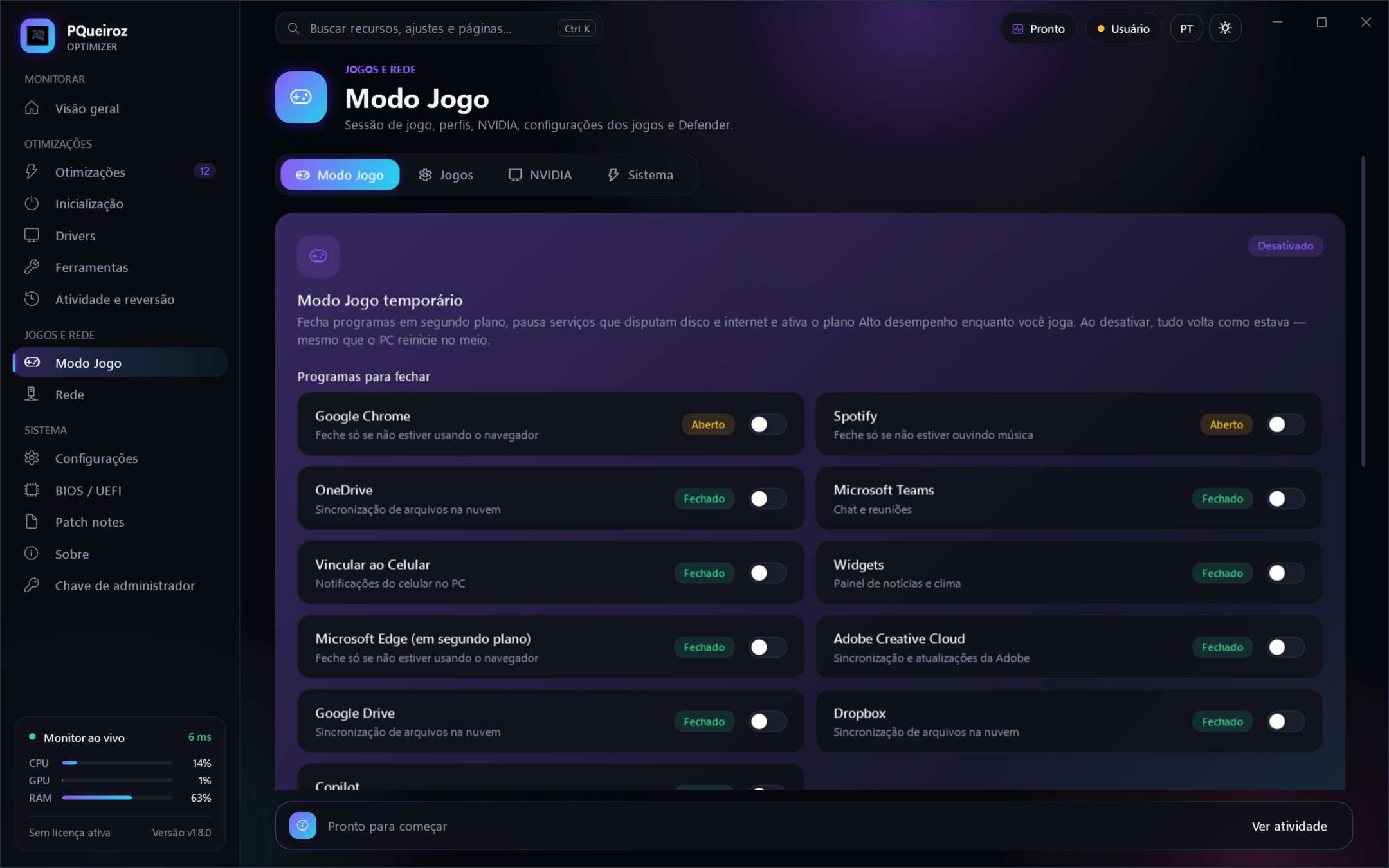 Página Modo Jogo do PQueiroz Optimizer com programas para fechar e serviços para pausar