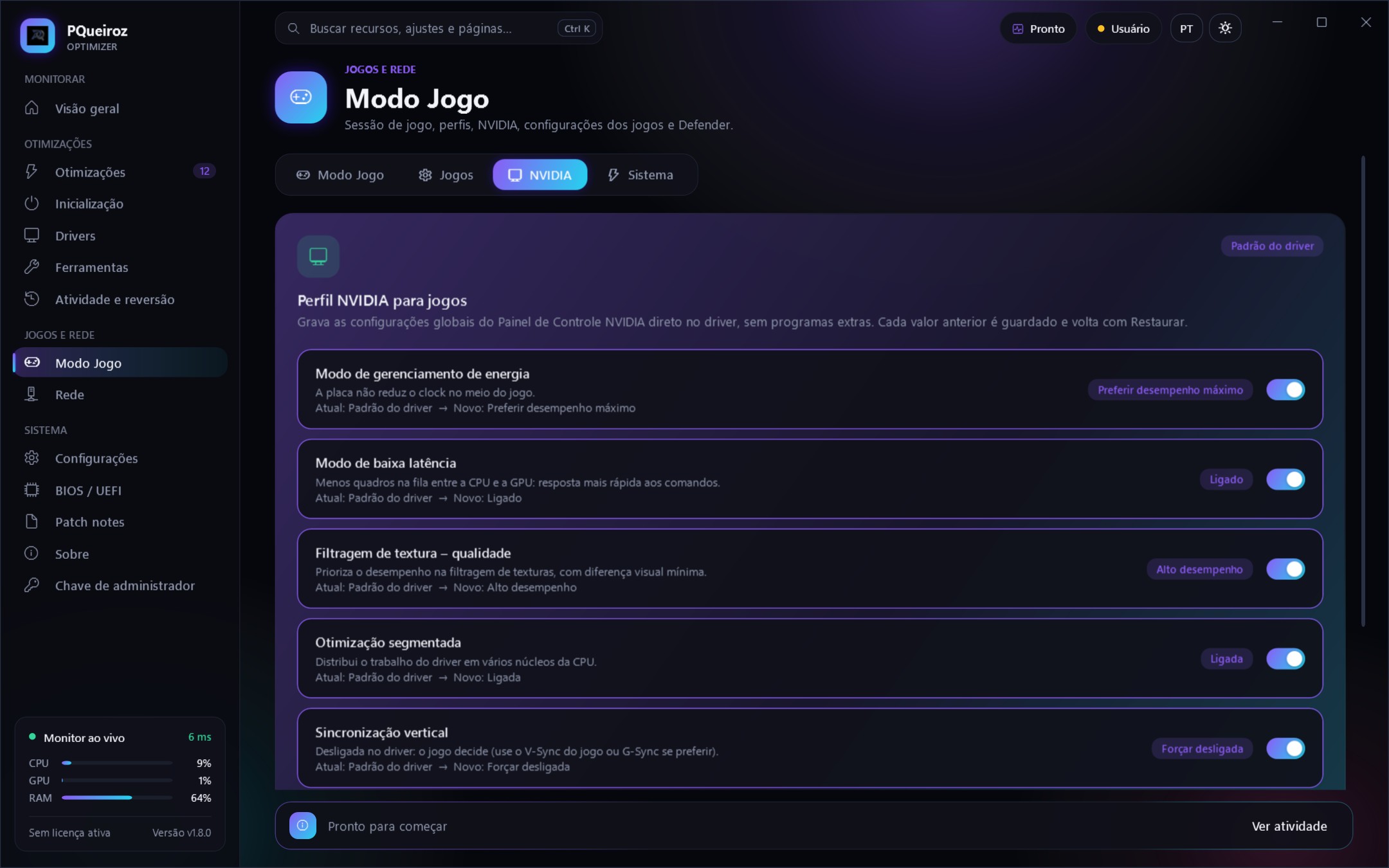 Perfil NVIDIA para jogos com baixa latência e desempenho máximo